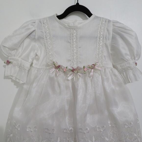 Kids Sz 3 White Baptism Christening Dress Embroidered Bows Flowers Puffy Sleeves - Picture 3 of 7